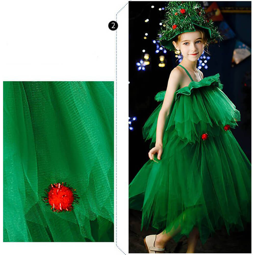 Girls Green Christmas Tree Dress with Hat Elf Christmas Costume Full Set for Kids Teens