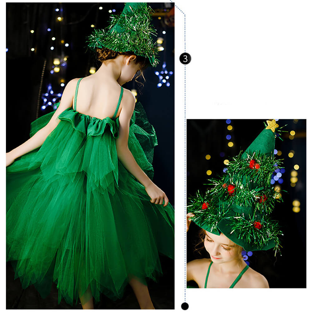 Girls Green Christmas Tree Dress with Hat Elf Christmas Costume Full Set for Kids Teens