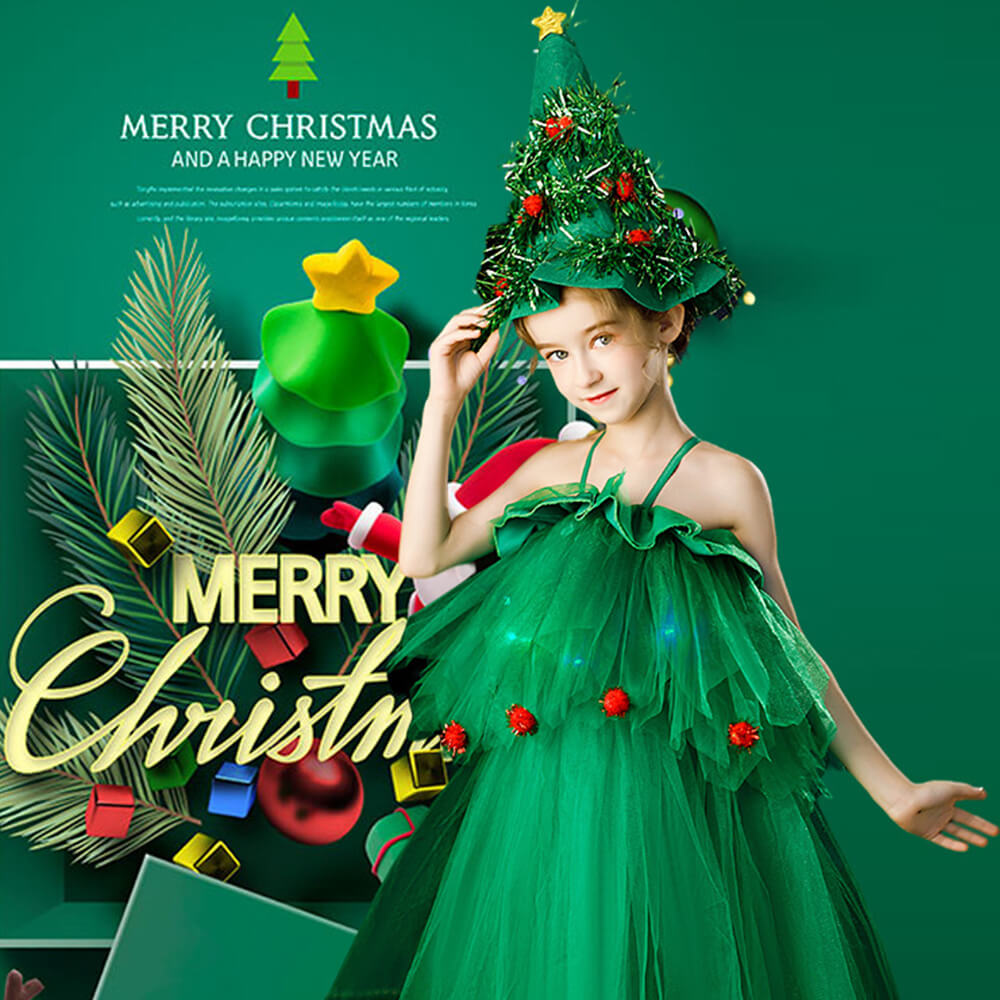Girls Green Christmas Tree Dress with Hat Elf Christmas Costume Full Set for Kids Teens