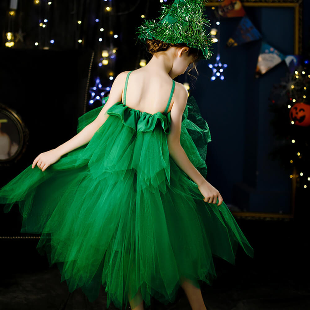 Girls Green Christmas Tree Dress with Hat Elf Christmas Costume Full Set for Kids Teens
