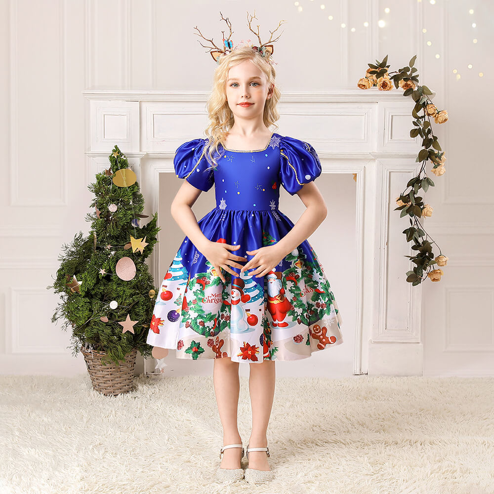 Kids Christmas Party Dress Grils New Year Party Costume Short Sleeve Ball Gown Dress