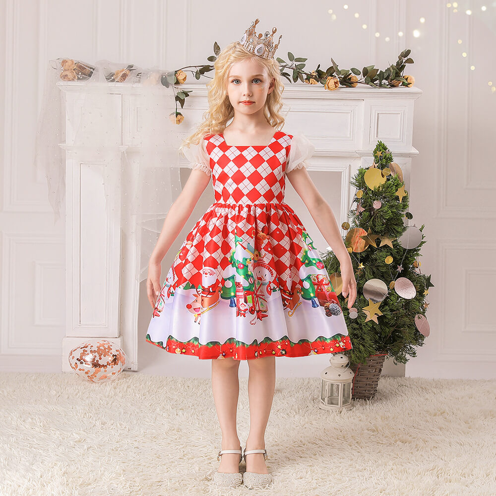Kids Christmas Party Dress Grils New Year Party Costume Short Sleeve Ball Gown Dress