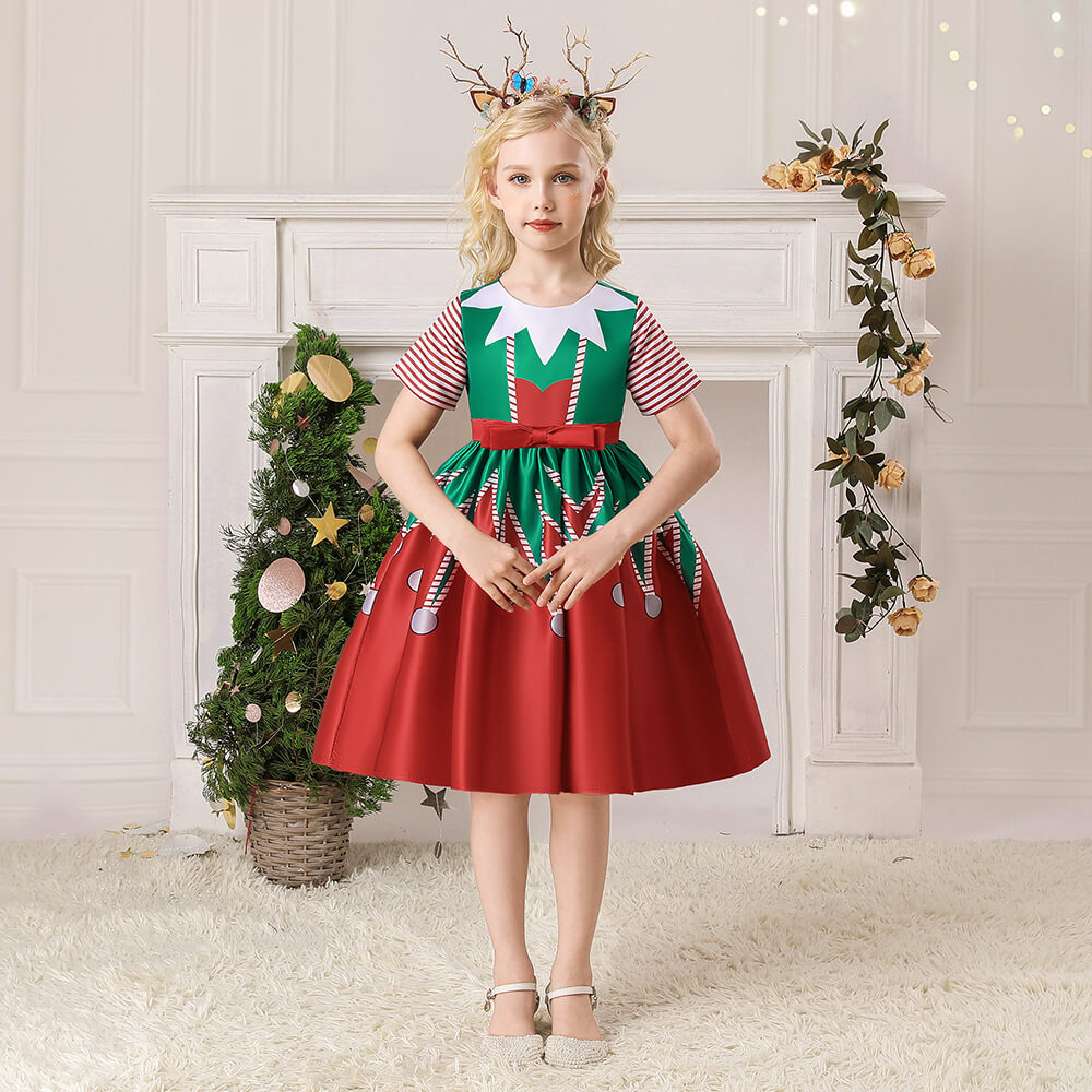 Kids Christmas Party Dress Grils New Year Party Costume Short Sleeve Ball Gown Dress