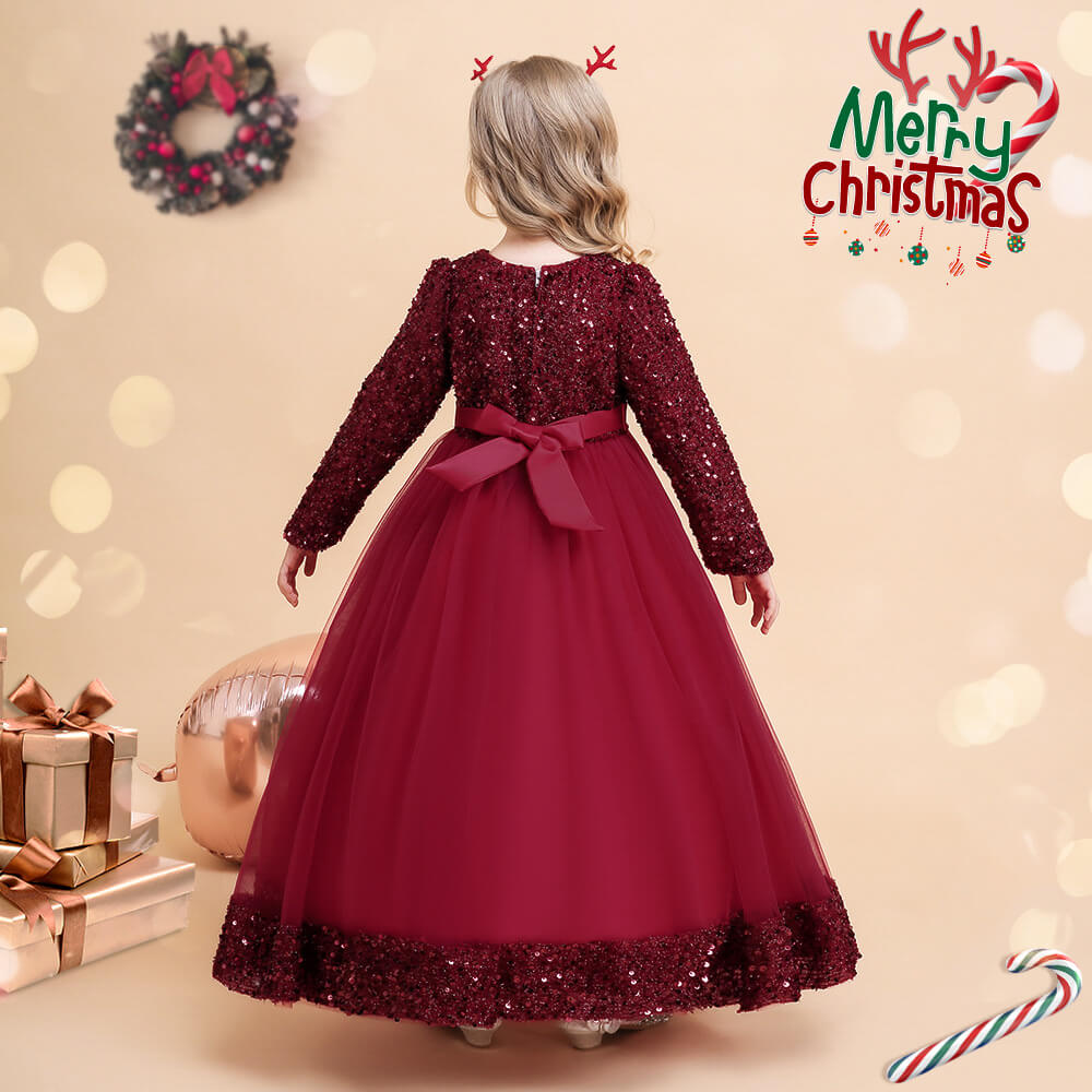 Girls Princess Party Dress Kids Sequin Outfit Party Clothes Long Sleeve Pageant Dresses