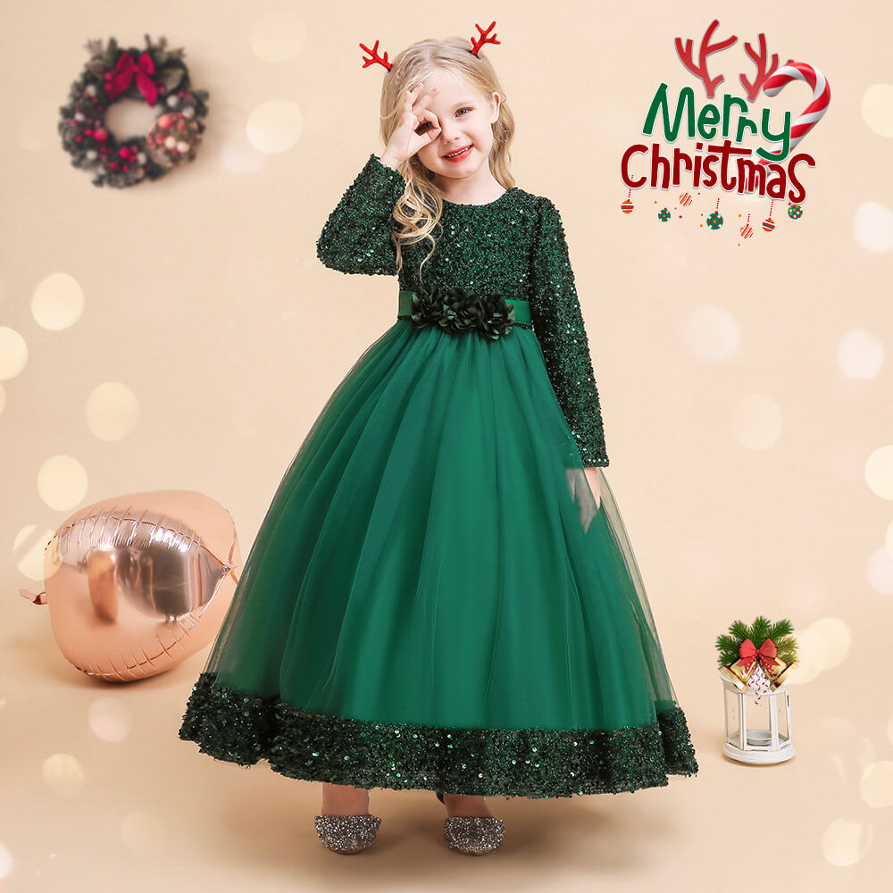 Girls Princess Party Dress Kids Sequin Outfit Party Clothes Long Sleeve Pageant Dresses