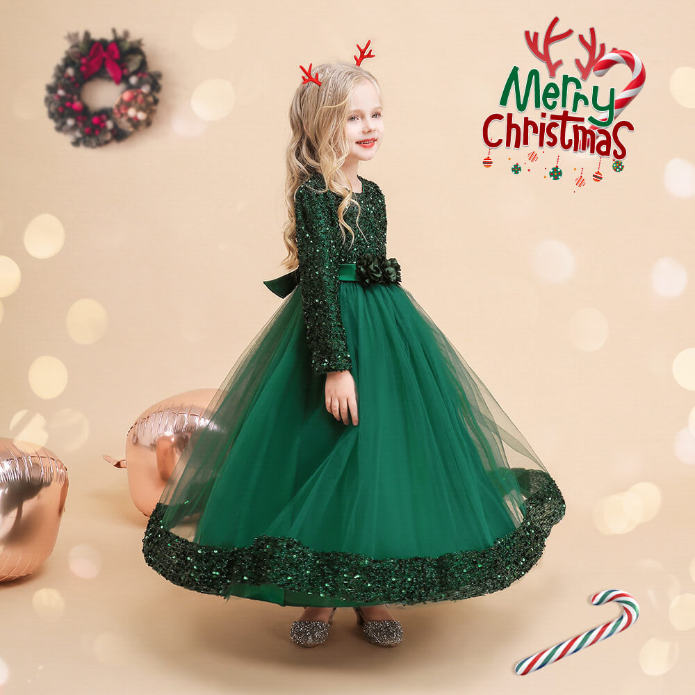 Girls Princess Party Dress Kids Sequin Outfit Party Clothes Long Sleeve Pageant Dresses