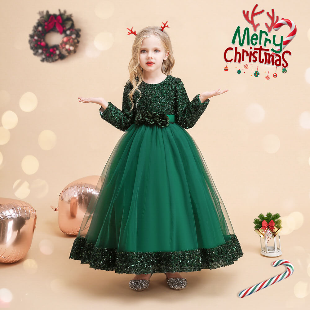 Girls Princess Party Dress Kids Sequin Outfit Party Clothes Long Sleeve Pageant Dresses