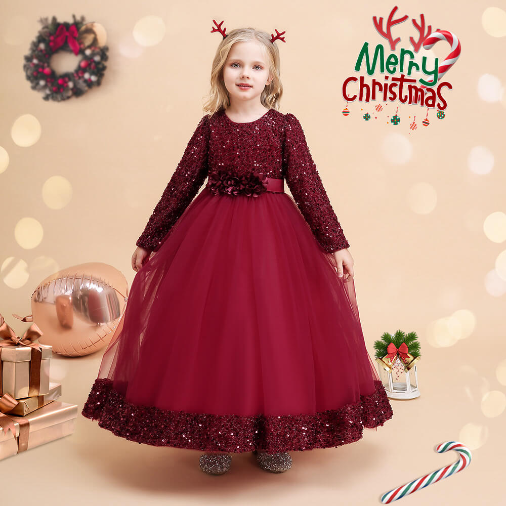 Girls Princess Party Dress Kids Sequin Outfit Party Clothes Long Sleeve Pageant Dresses