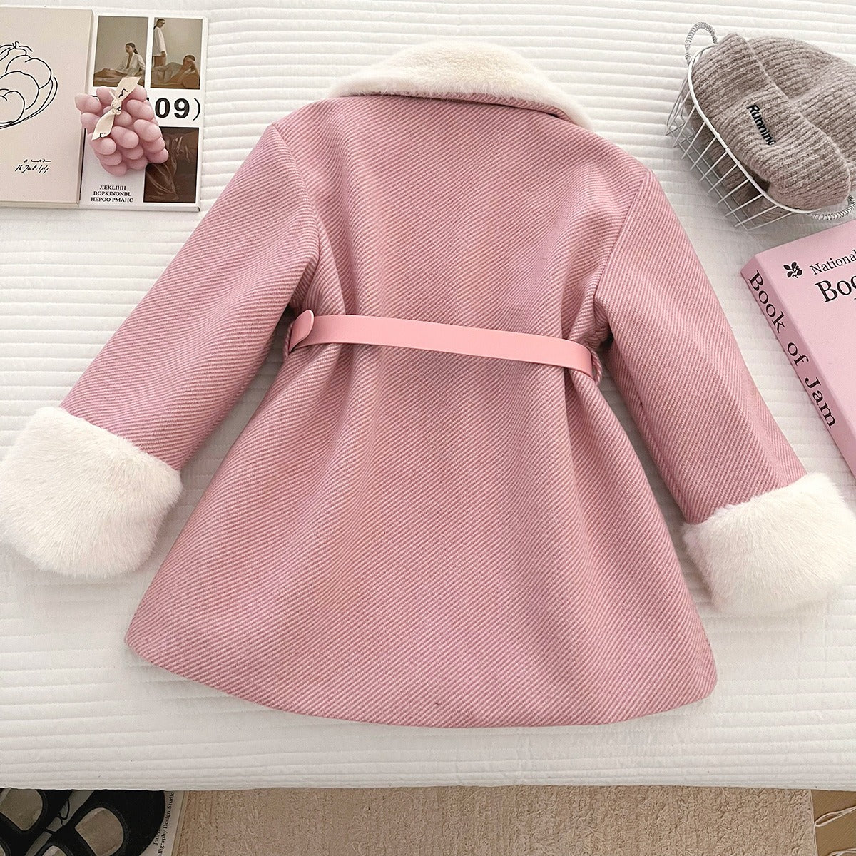 Girls Pink Princess Coat Sweet Long Fleece Trench Coat With Large Lapel