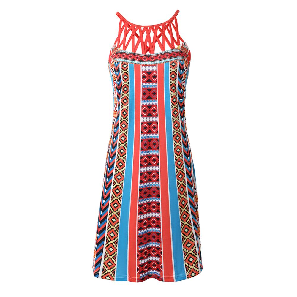 Crisscross Front Geo and Floral Print Halter Neck Sleeveless Dress