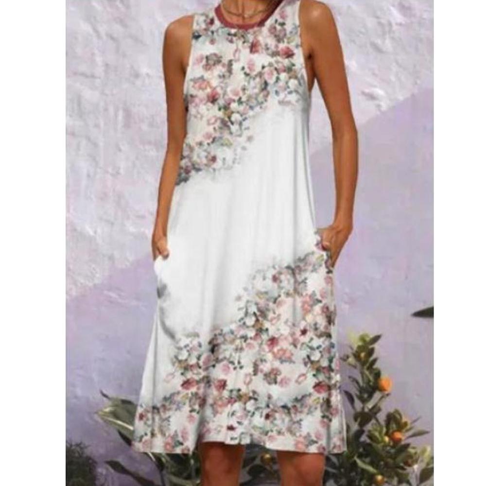 Vestido sin mangas con cuello redondo y estampado floral de plantas