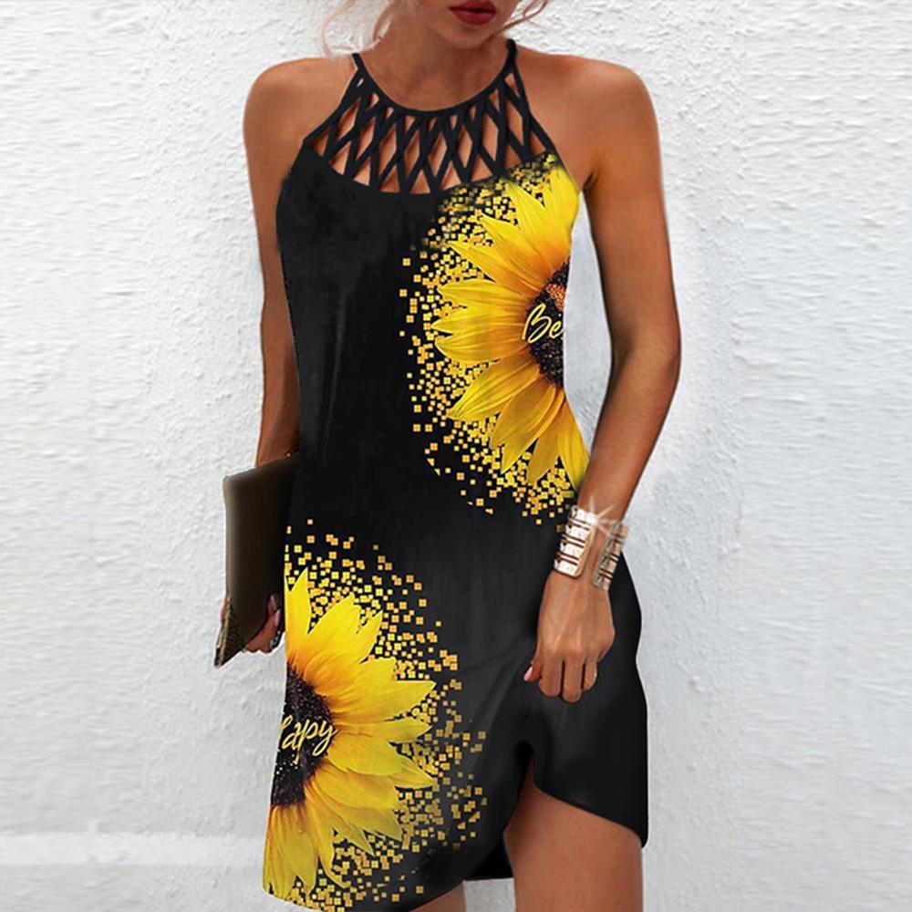 Crisscross Front Geo and Floral Print Halter Neck Sleeveless Dress