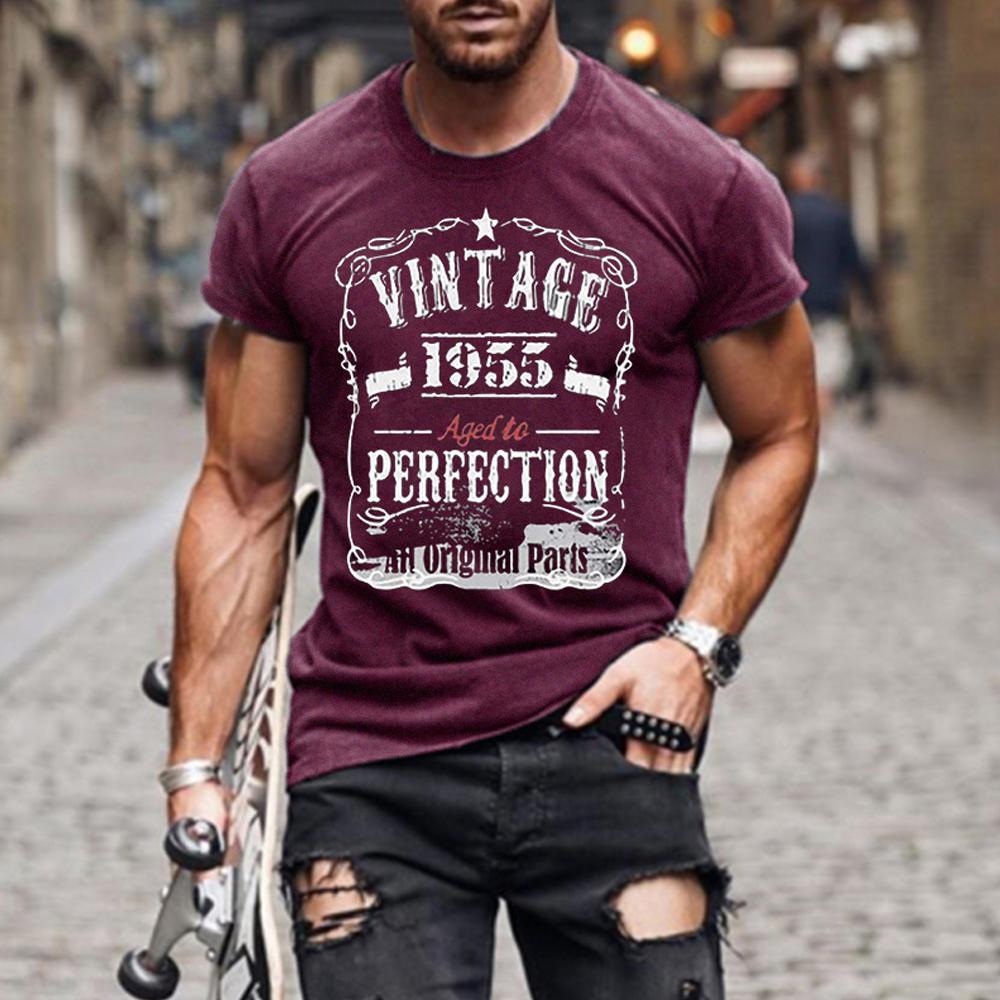 Camiseta de manga corta con cuello redondo y estampado de letras para hombre, VINTAGE 1955