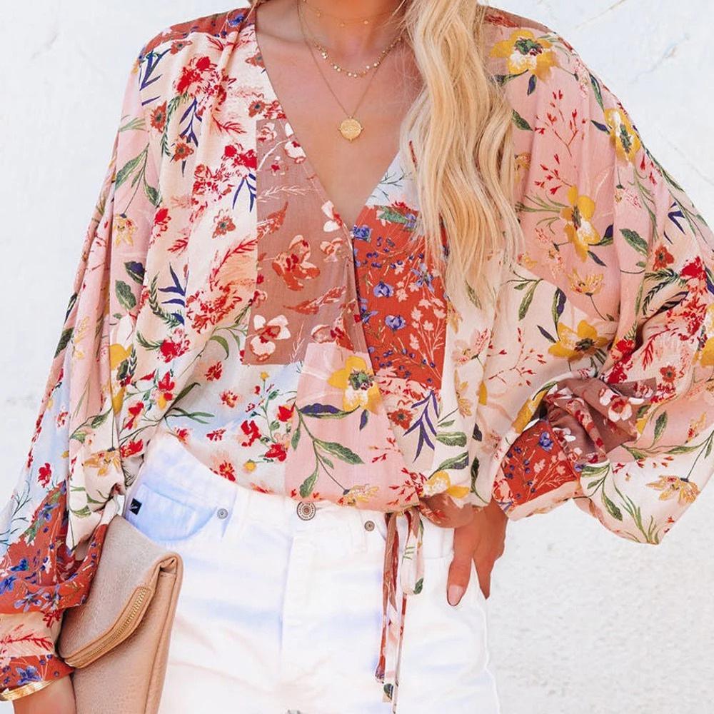 Botanical Print Surplice Wrap Tie Side Lantern Sleeve Blouse