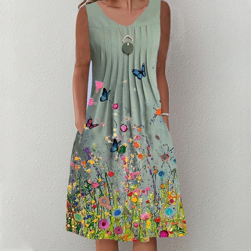 Vestido sin mangas con cuello redondo y estampado floral y de mariposas