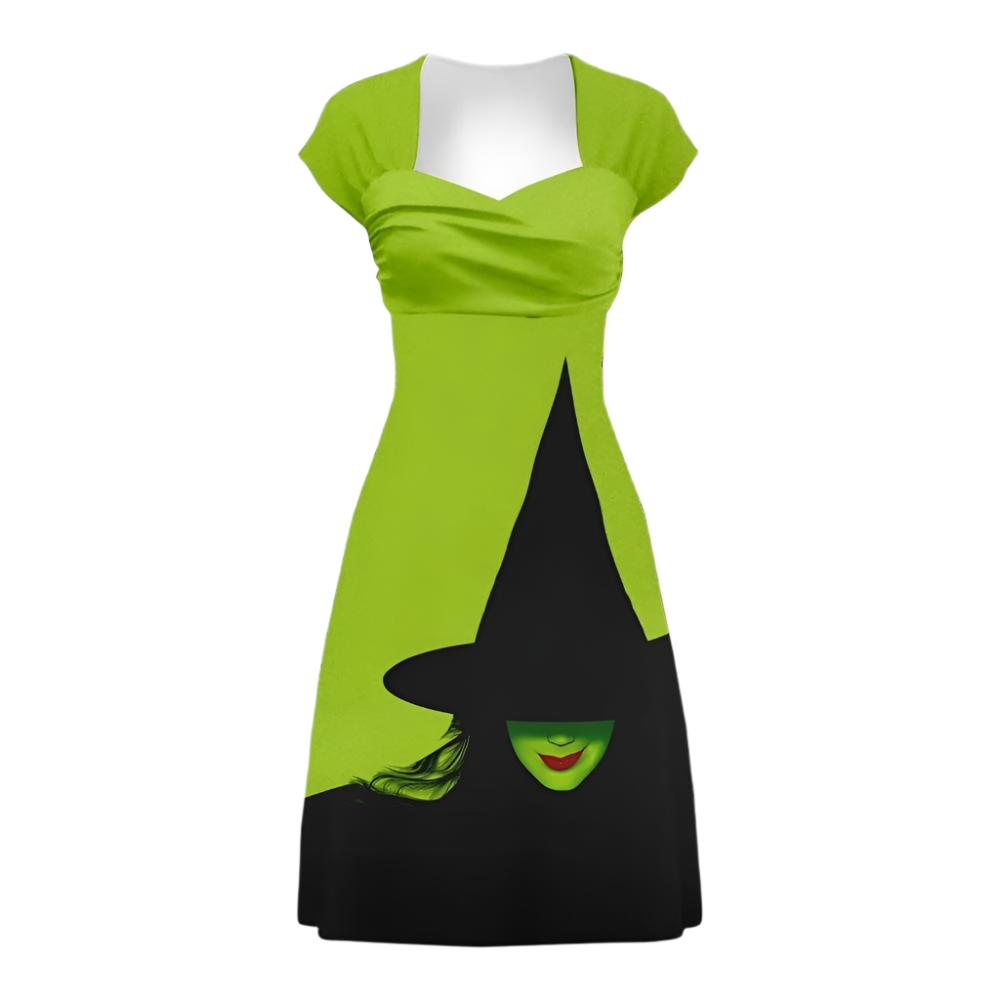 Disfraz de Bruja Malvada de Mujer con Vestido Verde y Manga Corta para Carnaval de Halloween