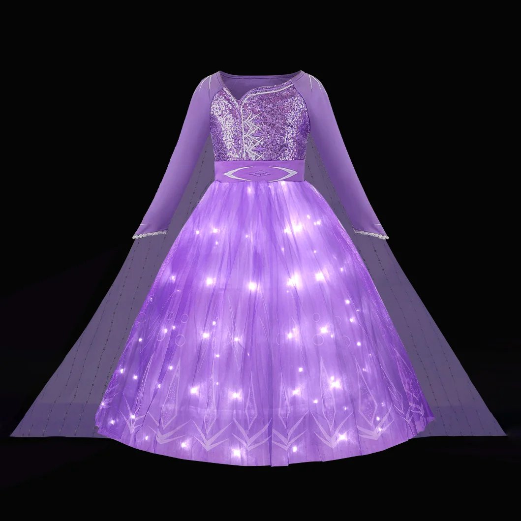 Disfraz de Ana para niñas, vestido de princesa con luces, vestido de cumpleaños con lentejuelas moradas, vestido de fiesta