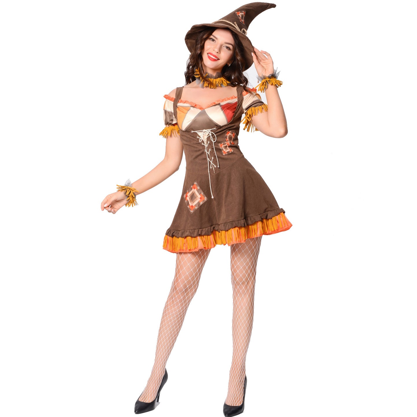 Women‘s Scarecrow Costume Adult Sexy Costume Off Shoulder Lace-up Mini Dress