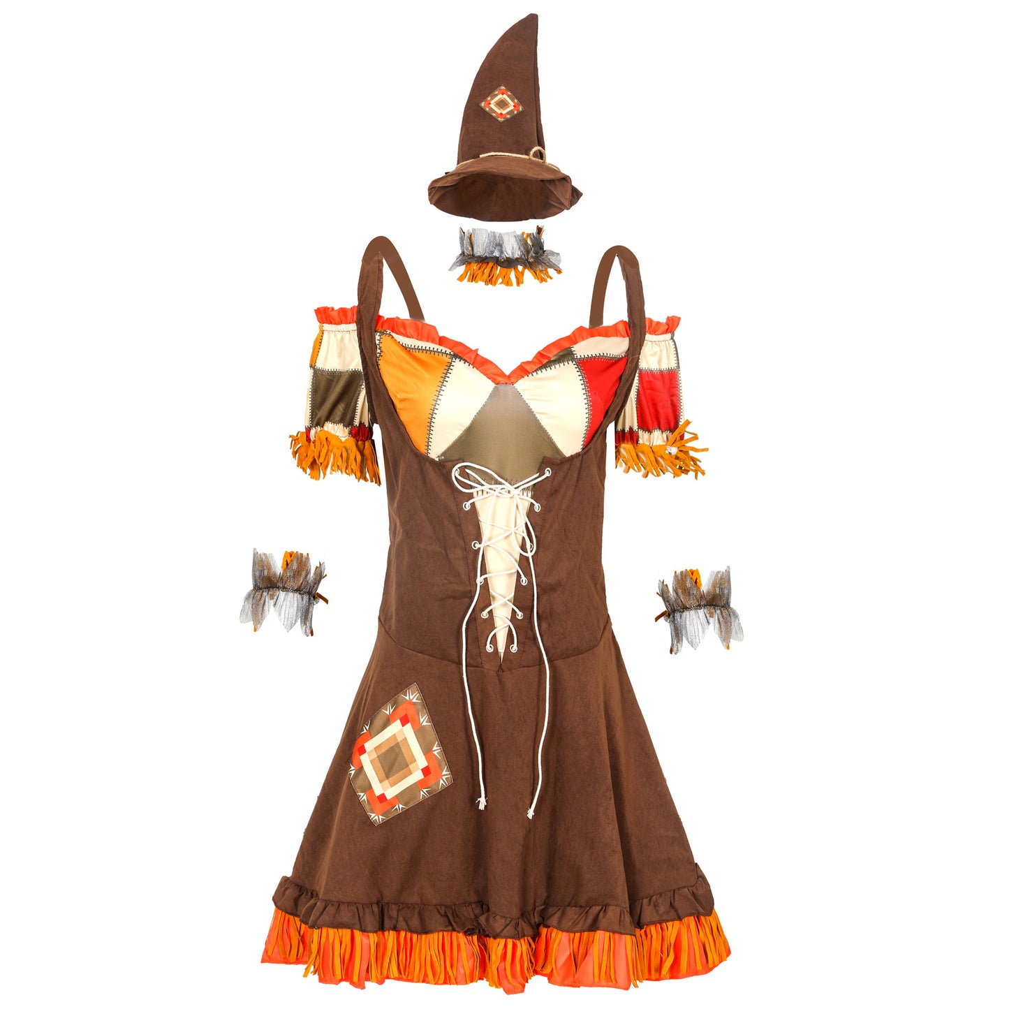 Women‘s Scarecrow Costume Adult Sexy Costume Off Shoulder Lace-up Mini Dress