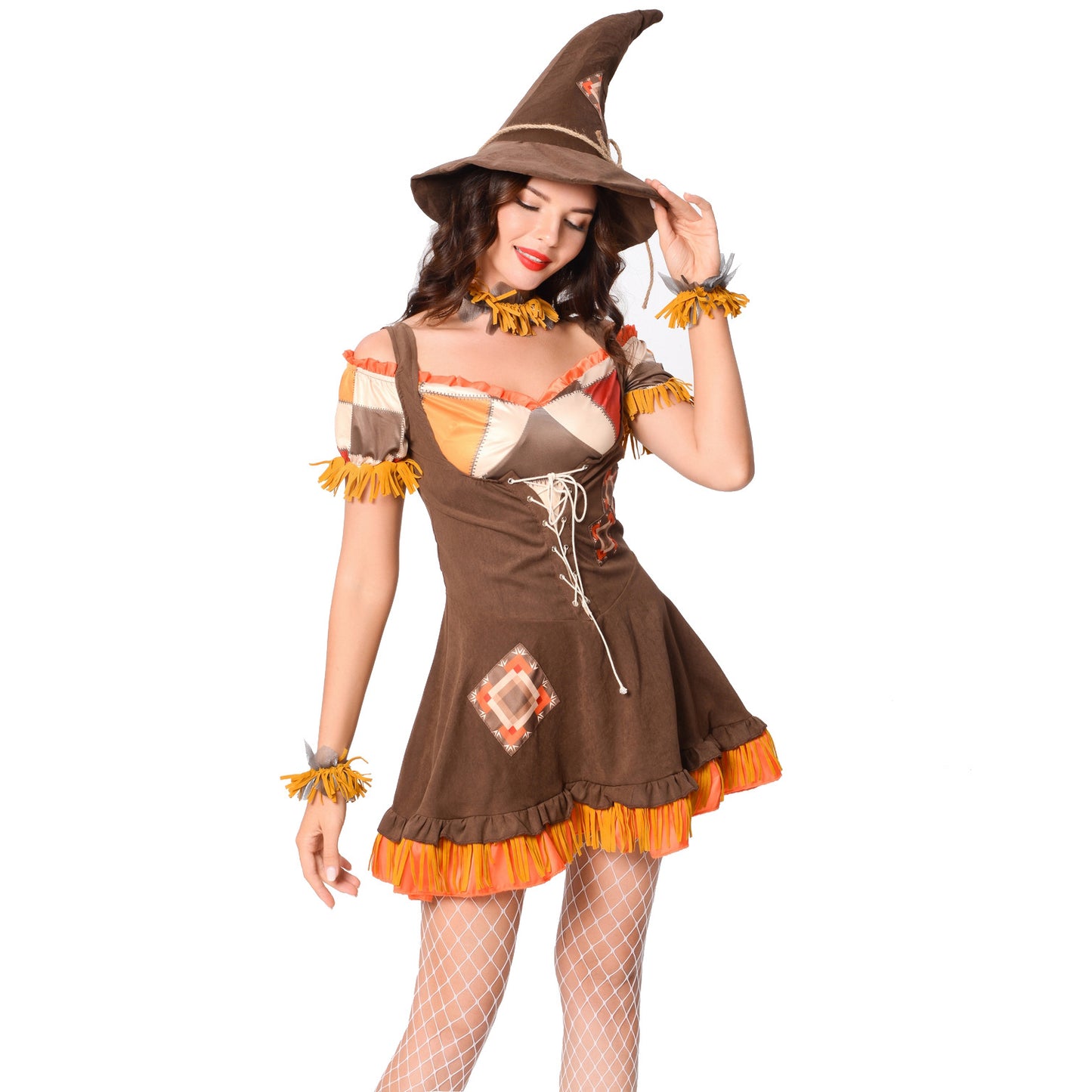 Women‘s Scarecrow Costume Adult Sexy Costume Off Shoulder Lace-up Mini Dress