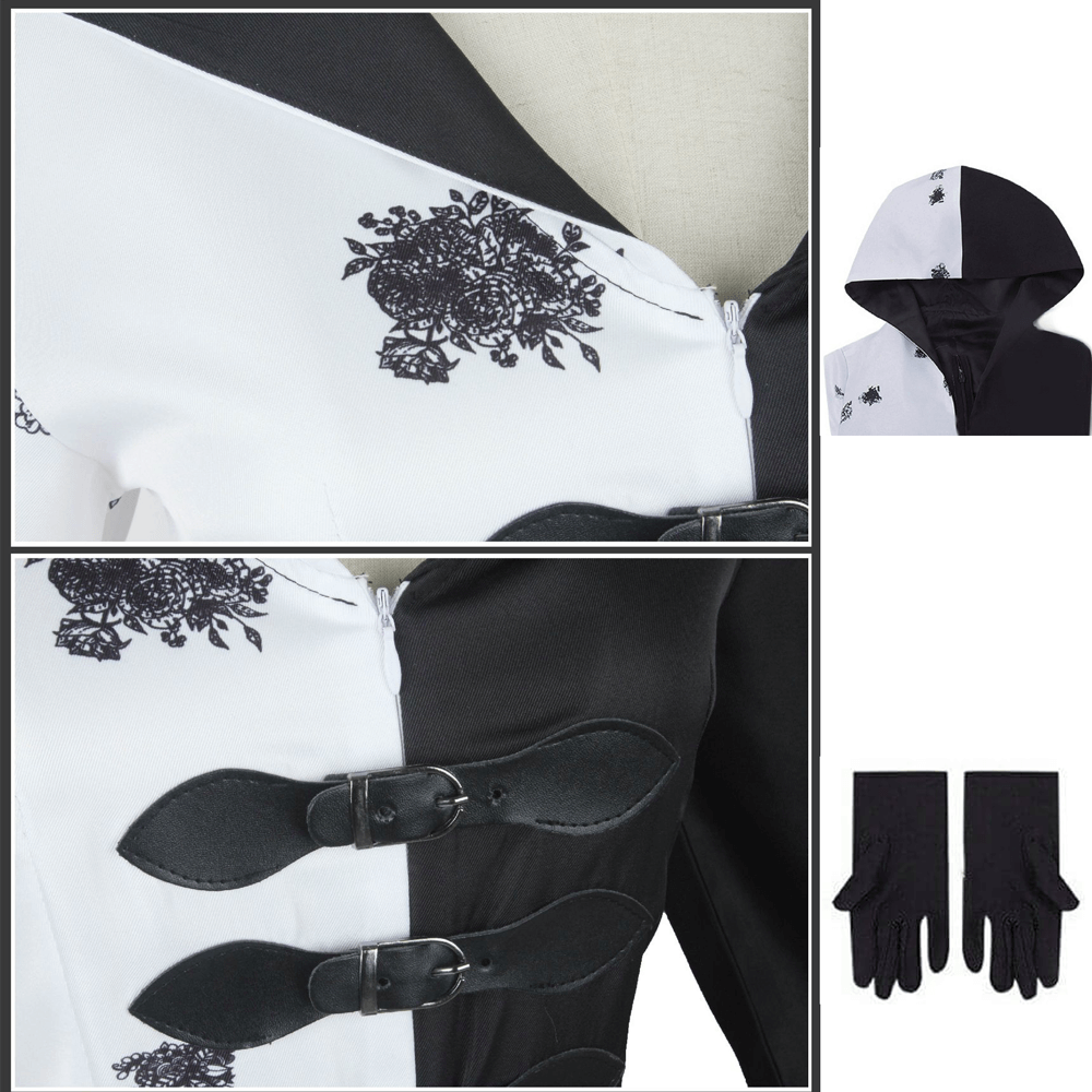 Black and White Dress Halloween Costume with Hood and Gloves