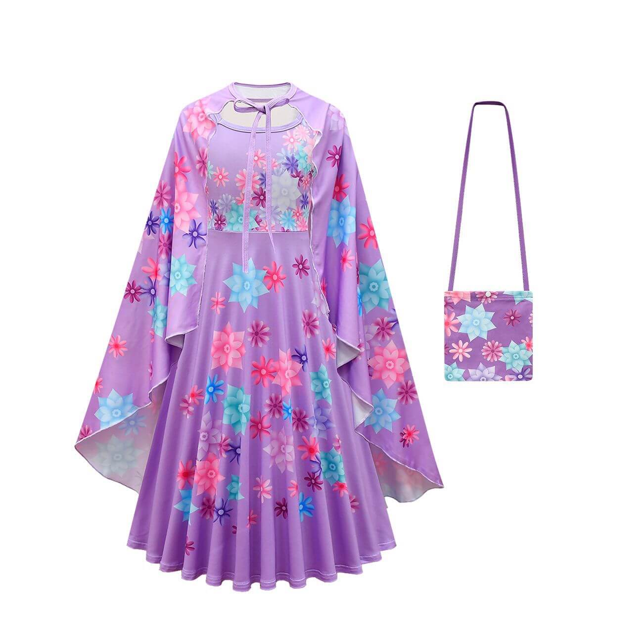 Flower Princess Isabela Costume Girls Mardrigal Magic Cosplay Dress with Bag and Cloak