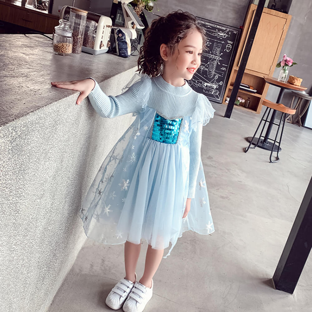 Little Girls Winter Princess Dress Snowflake fluffy Sweater Dresses 3-9 Years