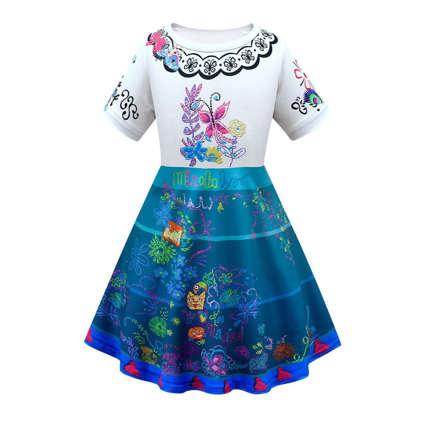 Kids Mirabel Party Costume Girls Cosplay Outfit Short Sleeve Long Teal Skirt with Bag for Age 2 and UP