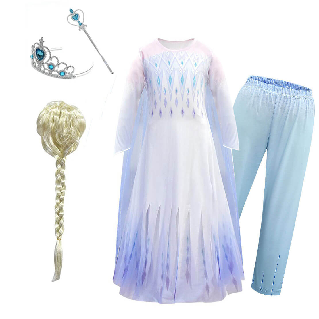 Kids Princess Costume Snow Girls Dress With Crown Scepter Wig Cosplay Accessories