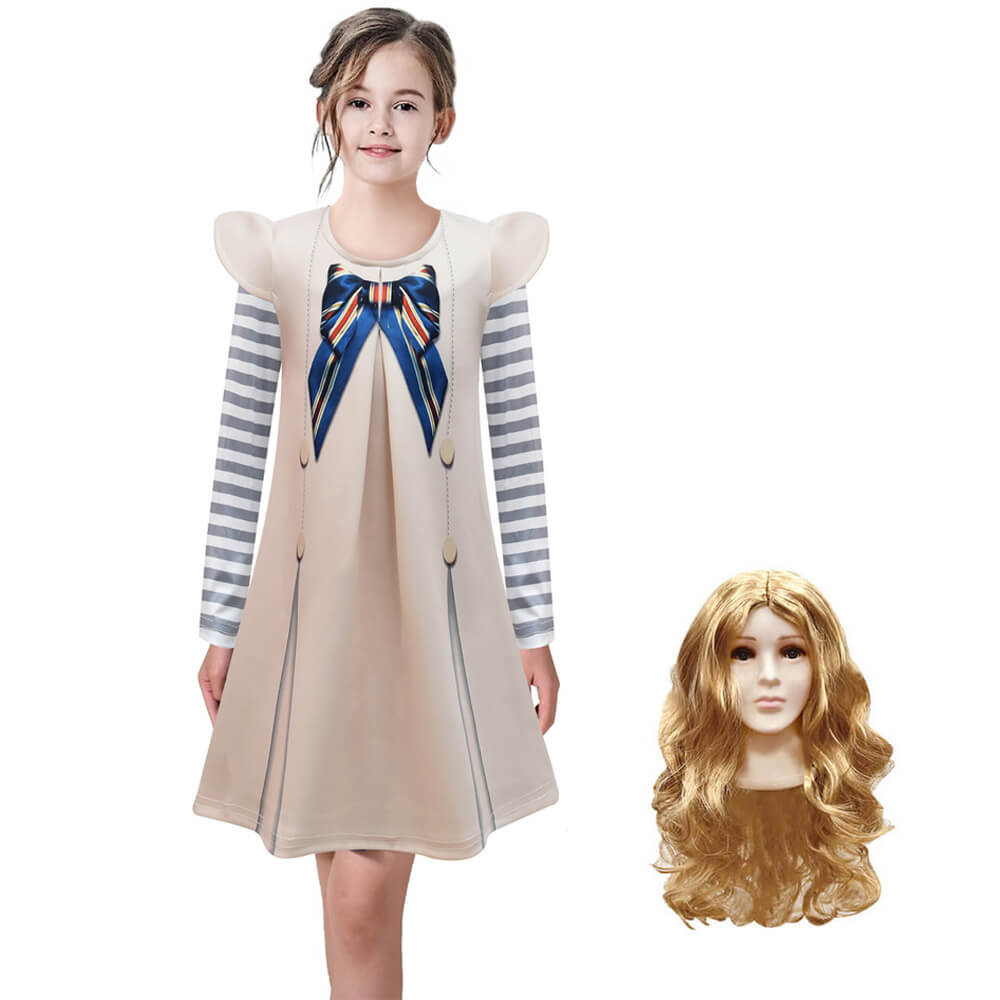 Girls M3gan Costume Long Sleeve Shirt and Dress 2pcs Suit AI Doll M3GAN Outfit Wig for Cosplay