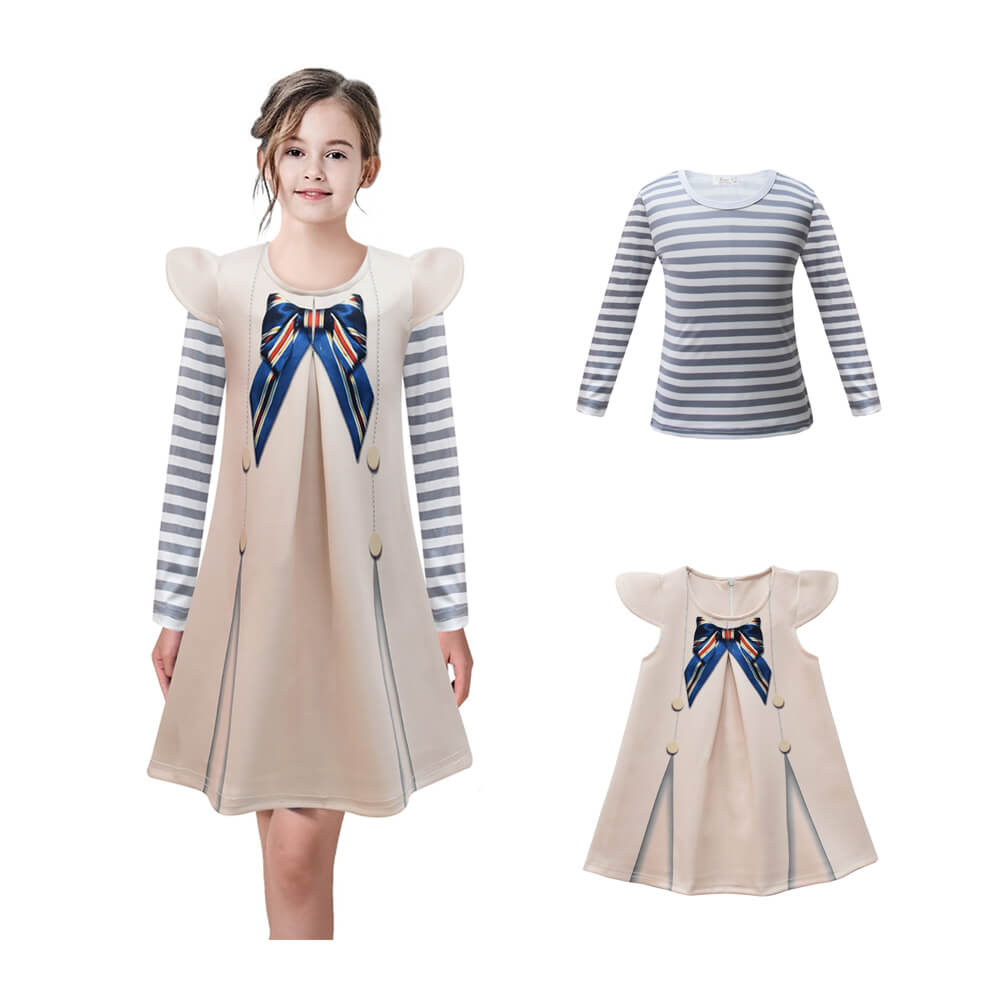 Girls M3gan Costume Long Sleeve Shirt and Dress 2pcs Suit AI Doll M3GAN Outfit Wig for Cosplay