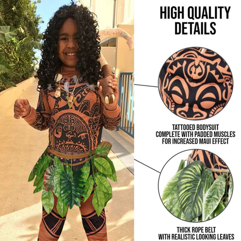 Moanna Maui Costume Boys/Man Halloween Cosplay Tattoo Shirt and Pants with Leaves Skirt