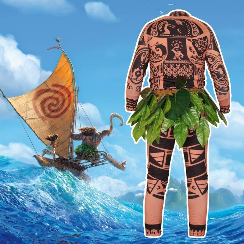 Moanna Maui Costume Boys/Man Halloween Cosplay Tattoo Shirt and Pants with Leaves Skirt