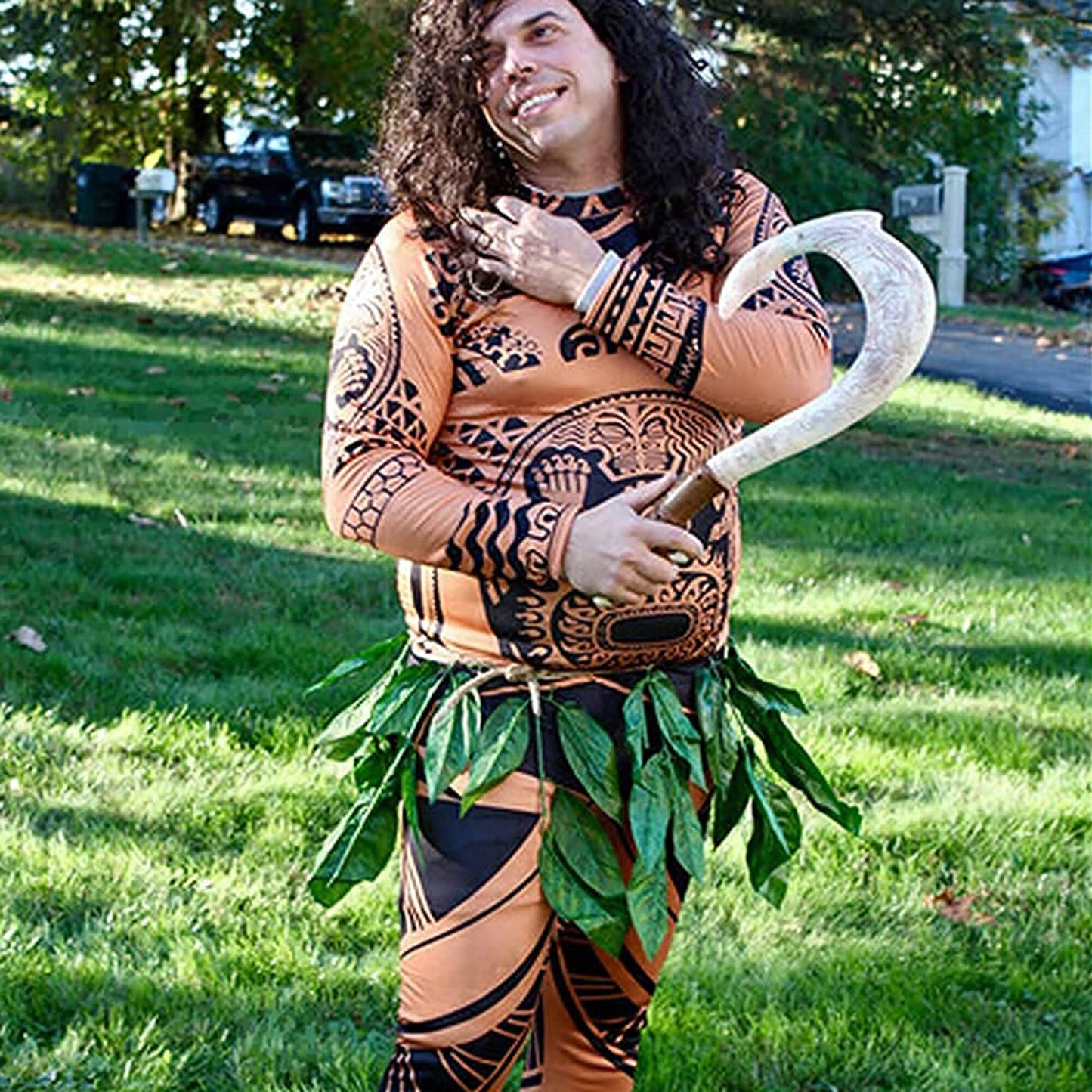 Moanna Maui Costume Boys/Man Halloween Cosplay Tattoo Shirt and Pants with Leaves Skirt
