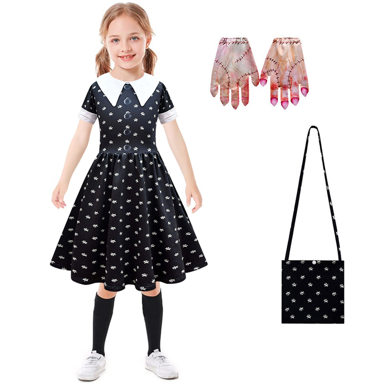 Girls Wednesday Dress Kids Wednesdays Addams Costume Wednesday Wig Gloves Bag for Cosplay 4-12 Years