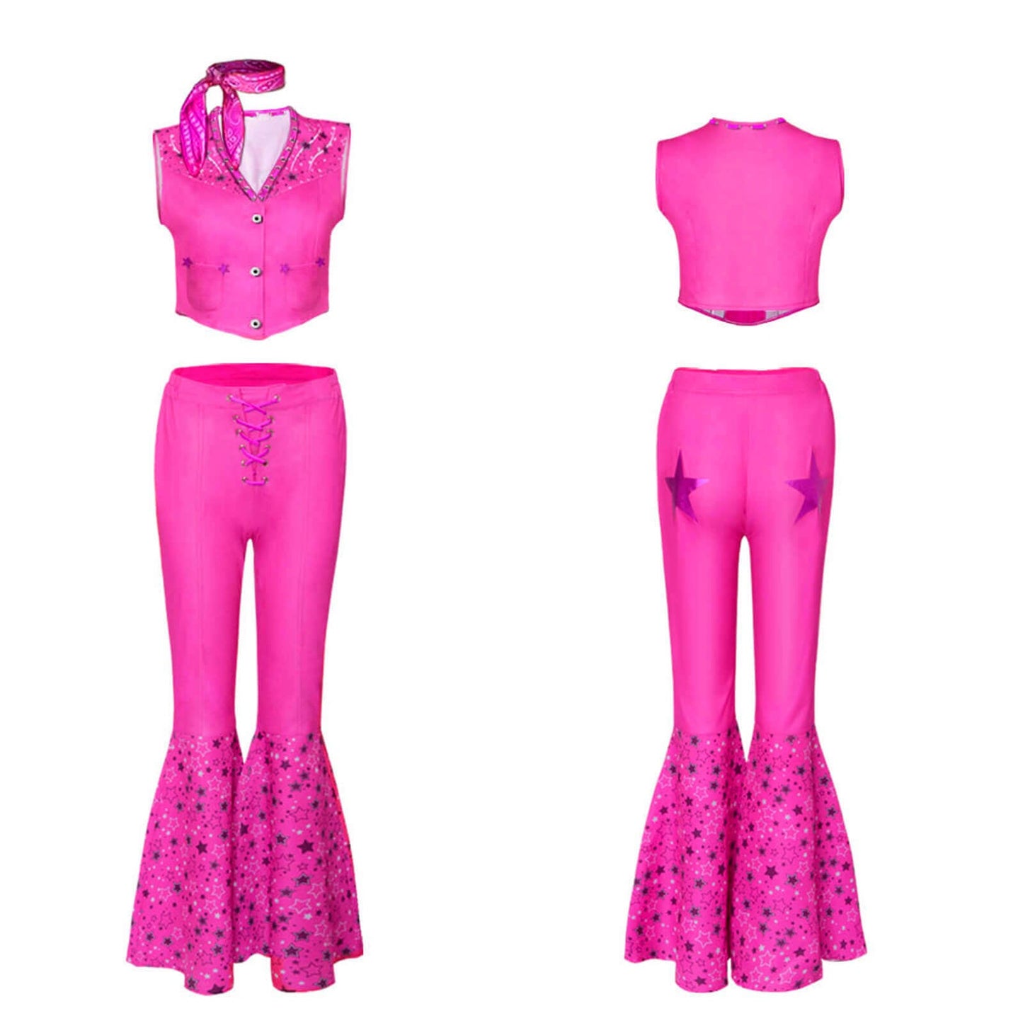 Y2k Sexy Barbara Costume Cowgirl 70s Disco Outfits Hot Pink Flare Pants with Vest Western Halloween Costume