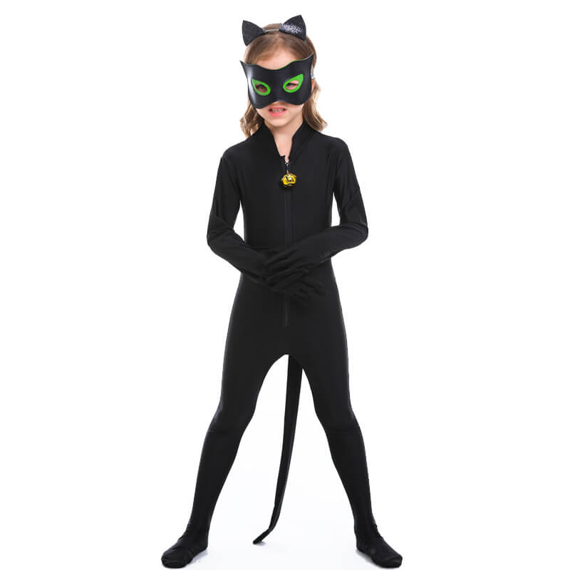 Kids Cat Noir Costume Halloween Cosplay Jumpsuit Headband Eye Mask Full Set for Boys and Grils