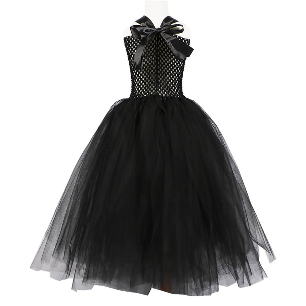 Girls Witch Costume Black Devil Dress With Feather Cape and Horns Headband for Halloween Cosplay