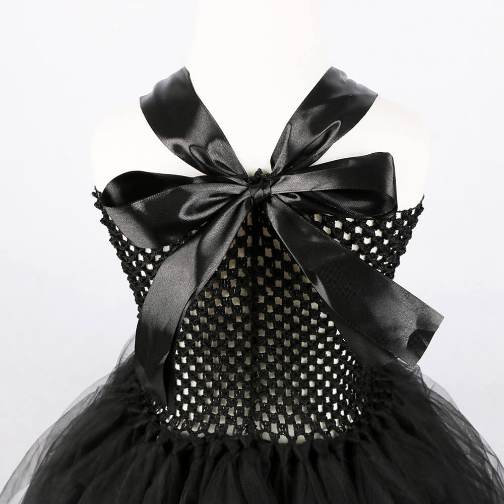 Girls Witch Costume Black Devil Dress With Feather Cape and Horns Headband for Halloween Cosplay