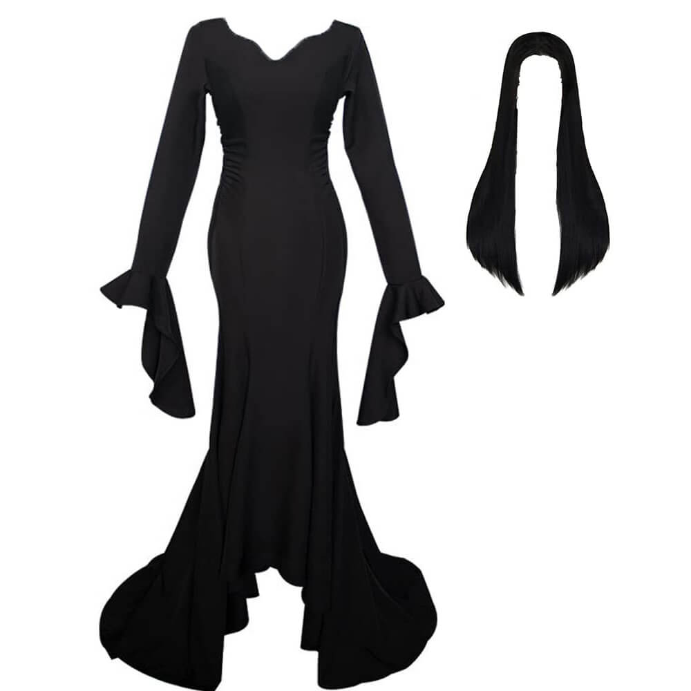 Morticia Addams Costume Floor Length Adult Evening Gown Black Gothic Dress