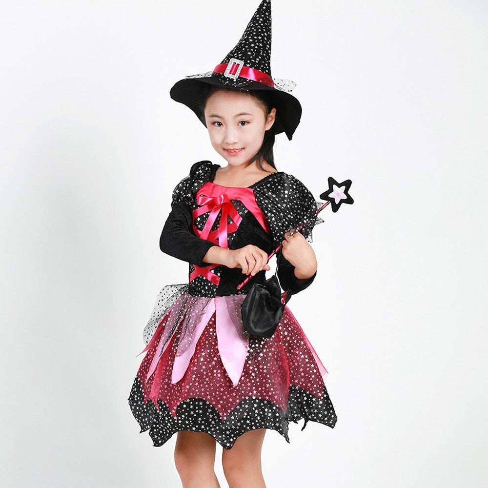 Kids Girls Halloween Costume Dress Hat Bag Stick Outfit 4Pcs