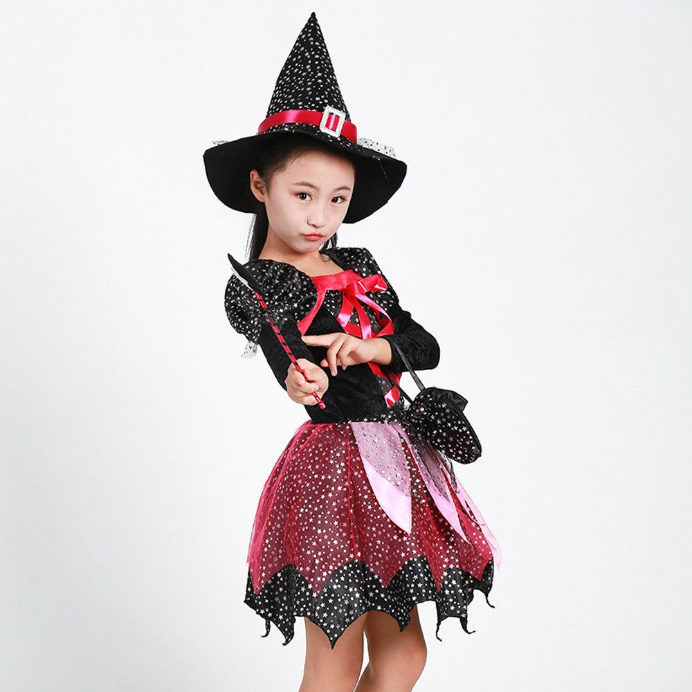 Kids Girls Halloween Costume Dress Hat Bag Stick Outfit 4Pcs