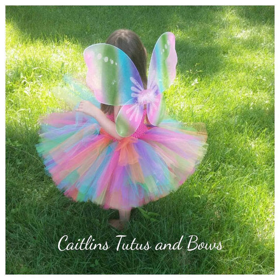 Girls Rainbow Tutu Dress Fluffy Tulle With Butterfly Wing Cosplay Costume