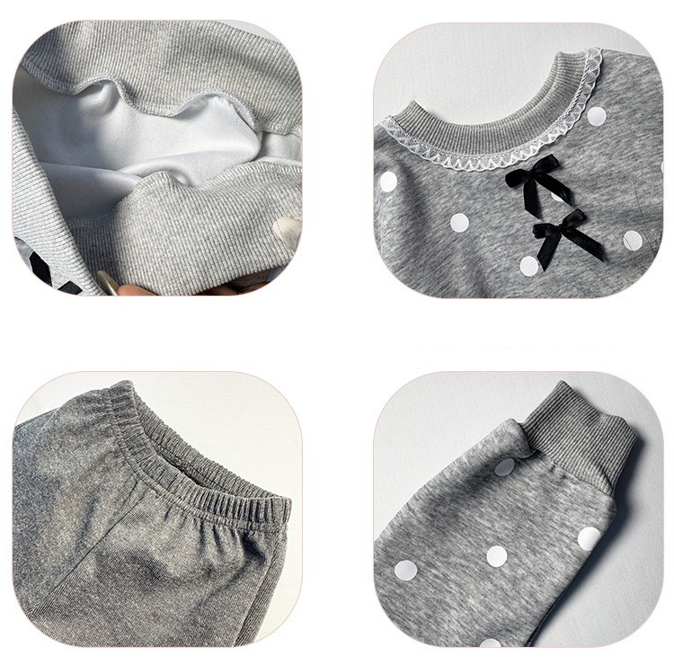 Girls Two-Piece Outfit Set Grey Polka Dot Top with Bow Detail & Black Bell Bottom Pants