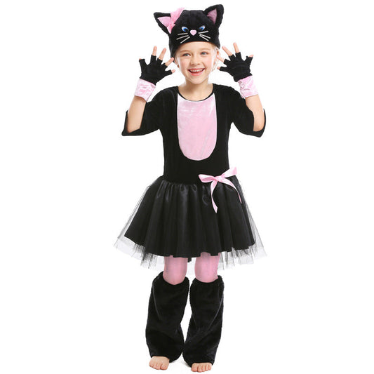 Girls Black Cat Costume Kids Pink Kitty Cosplay Outfit Full Set