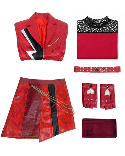 Girls Women Red Princess Costume PU Leather Jacket Skirt Pants and Accessories 6pcs Suit for Halloween Carnival