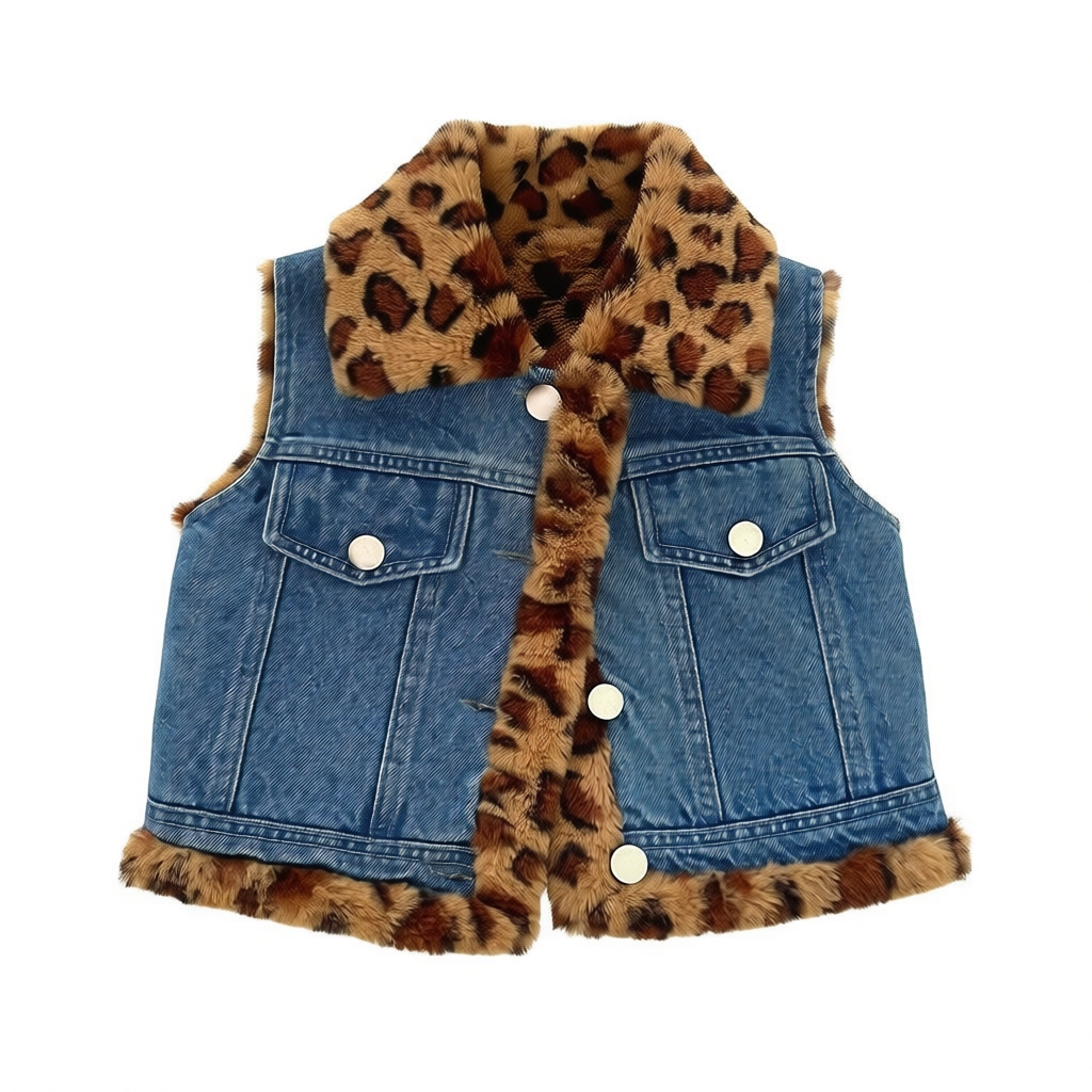 Gilet en jean chaud matelassé pour enfants, Manteau sans manches tendance en jean et léopard pour garçons et filles