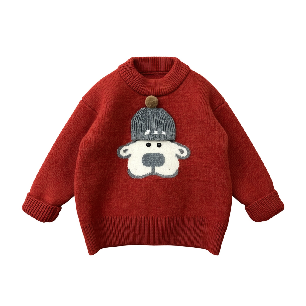 Haut en molleton rouge tricoté pour garçons, col rond, avec décor chien-au-chapeau