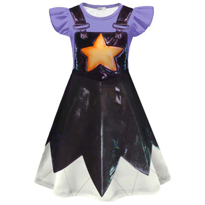 Horror Game Doll Outfit Purple Flutter Sleeves Dress Bag with Leggings for Themed Event