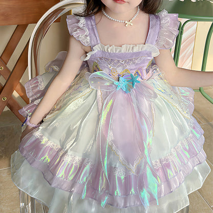 Robe de princesse multicouche pour enfants, robe de sirène d'anniversaire avec voile en tulle et nœud